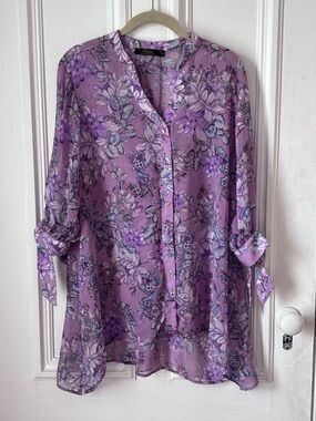 Bellina Brand Made in Canada Sheer Floral Tie Sleeve Tunic Top Size Large